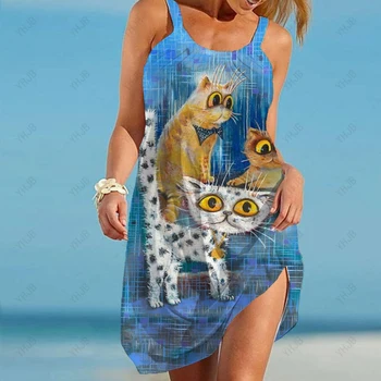 Секси ежедневна рокля на бретелях с 3D принтом котки, сладка женствена секси плажна рокля за почивка, дышащее и удобно Изображение 2