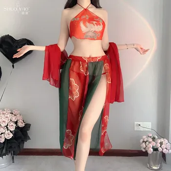 Секси пижама в древен придворном стил от чисто Ханьфу с джоб на корема изкушава Дуньхуан летящ феникс дамска нощница за възрастни