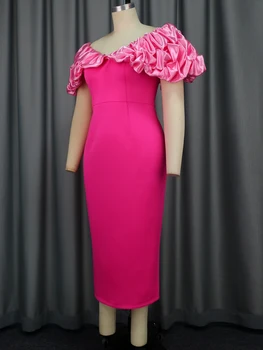 Секси розова вечерна рокля Миди с открити рамене, потънала в ръкав-наметало, дебнещ рокля с цепка отзад, африкански дамски официални рокли за дейности Изображение 2