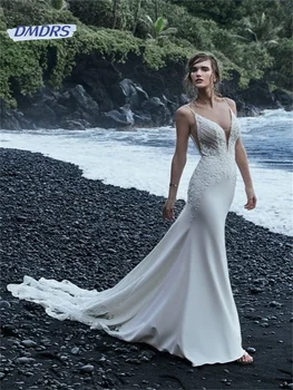 Секси сватбена рокля с открити рамене и дълбоко V-образно деколте, с плажна сватбена рокля с аппликацией във формата на русалки, Vestidos De Новия Изображение 2