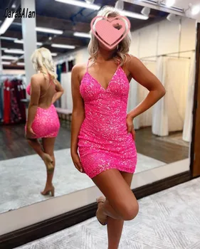 Секси ярко-розови рокли за бала с пайети вечерни рокли без гръб 2022 Без ръкави Вечерна рокля за срещата на завършилите