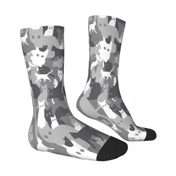Сива котка камуфляжные чорапи Черна Котка за Хелоуин Meme Мъжки Дамски есенни чорапи в стил хип-хоп Изображение 2