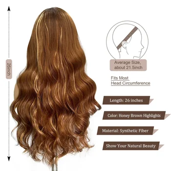 Синтетични перука с бретон SOKU Honey Brown Highlight с дължина 26 инча, копринена коса с масова вълна за жени, топлоустойчива за ежедневна употреба Изображение 2