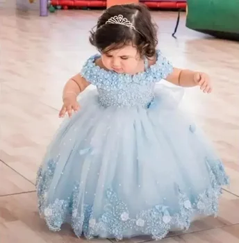 Скай-синя детска рокля с открити рамене, за момичета-цветочниц Перли Дантела Пеперуди Дълго детско сватбена рокля За първия рожден Ден на Бална рокля