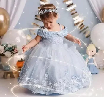 Скай-синя детска рокля с открити рамене, за момичета-цветочниц Перли Дантела Пеперуди Дълго детско сватбена рокля За първия рожден Ден на Бална рокля Изображение 2