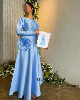 Скромни сини сатенени вечерни рокли LISM с дълги ръкави и деколте лодка, цветя дължина до щиколоток, рокли за абитуриентски бал, парти рокля за официални събития Изображение 2