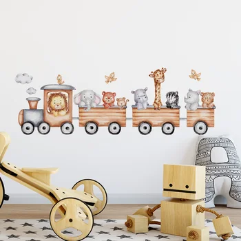 Сладки Животни Cartoony влак Подвижни стикери за стена за детска стая-Детска Спалня Художествени етикети за детски стенописи Начало декор