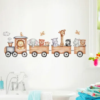 Сладки Животни Cartoony влак Подвижни стикери за стена за детска стая-Детска Спалня Художествени етикети за детски стенописи Начало декор Изображение 2