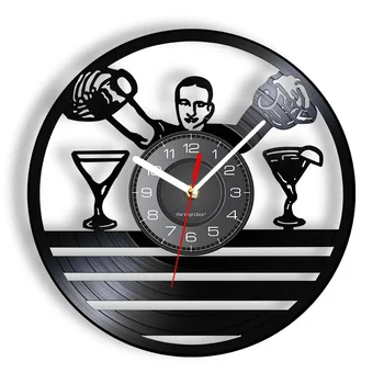 Стенен часовник за барман в кръчмата, Барман, бизнес-знак, Винарска Майстор, Декоративна меню с коктейли стена, Реколта vinyl плоча, Стенни часовници