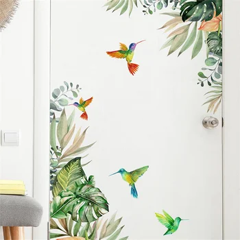 Стенни стикери с листа от тропически растения и птици, Подвижни самозалепващи се стикери за стени, Цветни тапети с естествени растения за спални
