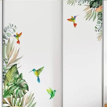 Стенни стикери с листа от тропически растения и птици, Подвижни самозалепващи се стикери за стени, Цветни тапети с естествени растения за спални Изображение 2