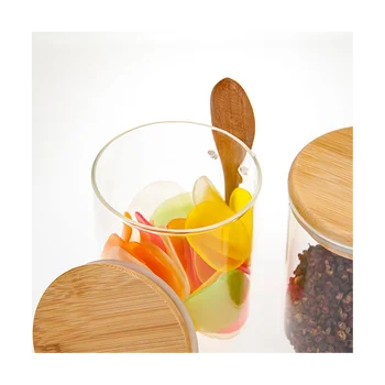 Стъклени буркани с бамбук капак и бамбук лъжици, Стъклени буркани за съхранение на продукти, кутийки от borosilicate стъкло