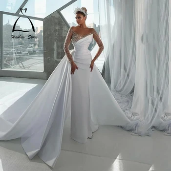 Съвременно Атласное сватбена рокля с подвижна влак, расшитое във форма на пръчки, дълги ръкави, рокли сватба в Параклиса, Гънки, Бели престилки булката