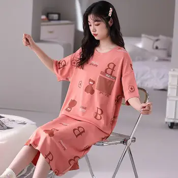 ТАКА и ЧАО, нова дамски пижами, лесно, удобно, хубава рокля, с кръгло деколте и къс ръкав, домашно облекло Изображение 2