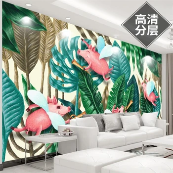 Тапети Beibehang по поръчка ръчно рисувани палмови листа, тропически растения, анимационни прасета, тапети за декориране на дома, 3D тапети