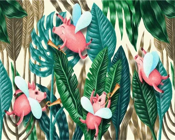 Тапети Beibehang по поръчка ръчно рисувани палмови листа, тропически растения, анимационни прасета, тапети за декориране на дома, 3D тапети Изображение 2
