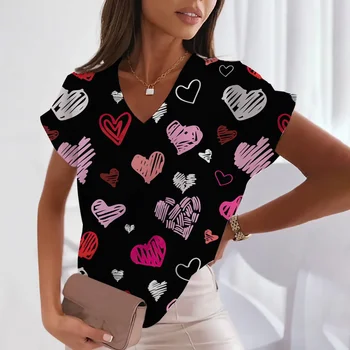 Тениска за жени, дрехи за момичета с принтом Love, Летни ежедневни блузи с V-образно деколте и къс ръкав, блуза Harajuku, дамски hoody Оверсайз