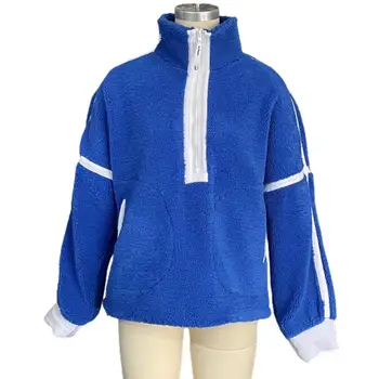Топъл топ, уютна hoody с цип в цвят блока за жени, дебели плюшени пуловер с висока воротом и джобове топла зима топ средна дължина