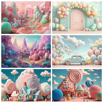 Фон за снимки на принцеса в леденцовом замъка на мечтите си, 3D цветен облак с въздушно топка, парти по случай рождения ден момичета, детски портрет, на фона на снимката
