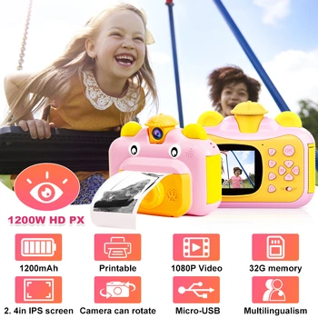 Цифров фотоапарат за деца с мигновен печат, мультяшная камера с двойна леща, 2.4-инчов HD-видео за снимане на открито, детски играчки и подаръци
