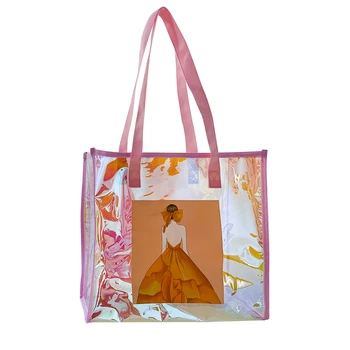 Чанта-тоут с голограммой, женствена чанта от лазерен PVC, прозрачна чанта, дамска плажна чанта с анимационни модел, голяма розова чанта за пазаруване Изображение 2