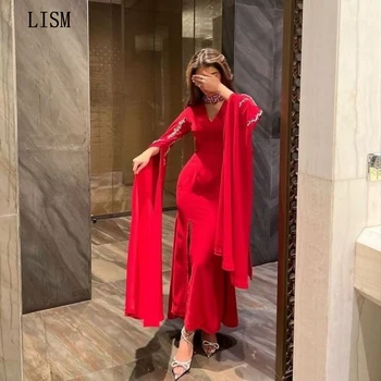 Червено арабското вечерна рокля известни личности с V-образно деколте и дълги ръкави, луксозни рокли за среща на завършилите с дължина до щиколоток, с цип отзад, изработена по поръчка на облекло