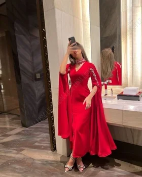 Червено арабското вечерна рокля известни личности с V-образно деколте и дълги ръкави, луксозни рокли за среща на завършилите с дължина до щиколоток, с цип отзад, изработена по поръчка на облекло Изображение 2
