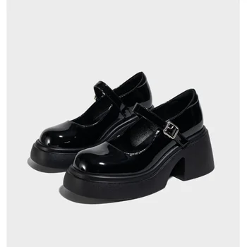 Черни дамски обувки на висок ток, платформа, танкетка, Нова Дамски обувки Mary Jane, Модни Дамски обувки, затворени пръсти