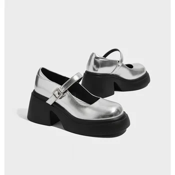 Черни дамски обувки на висок ток, платформа, танкетка, Нова Дамски обувки Mary Jane, Модни Дамски обувки, затворени пръсти Изображение 2