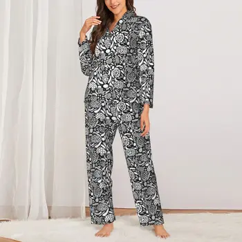 Черно-бели пижамные комплекти с черепашками, елегантна пижама с животни, женски реколта пижама с дълъг ръкав, 2 броя, домашен костюм голям размер 2XL
