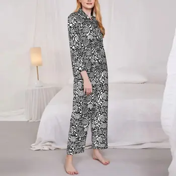 Черно-бели пижамные комплекти с черепашками, елегантна пижама с животни, женски реколта пижама с дълъг ръкав, 2 броя, домашен костюм голям размер 2XL Изображение 2