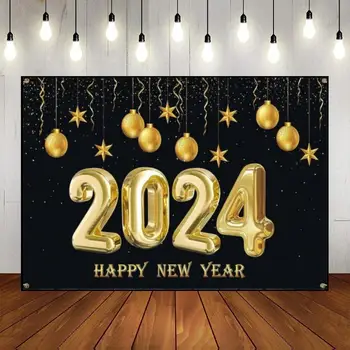 Честита Нова Година 2024 Светлини на Фона Детски Душ Черно Златен Блясък Потребителски Фон за Рожден Ден Навечерието на Снимка Царски Син Банер Боке Изображение 2