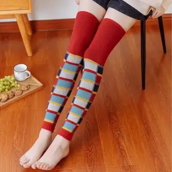 Чорап от домакинството е заек вълна, Цветен решетка, чорапи до коляното чорапи с висока шнорхел, женски топло калъф за защита на краката, защита на коляното Изображение 2