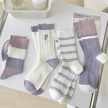 Чорапи за жени с Високо качество, на Новост 2023 г., Елегантни Модни чорапи с бродерия, дишащи дамски ежедневни Дълги чорапи на райета Изображение 2