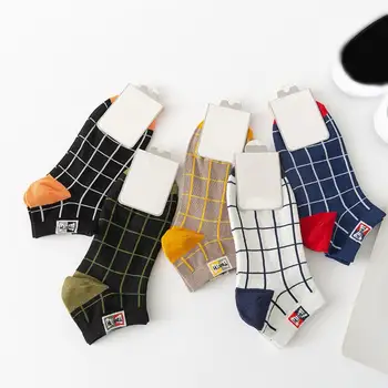 Чорапи с Геометричен Модел, Абсорбиращи Потта Чорапи Мъжки Контрастен Цвят С Дълбоко деколте, Мини Спортни Чорапи в Клетка с Принтом, Дебели Мъжки