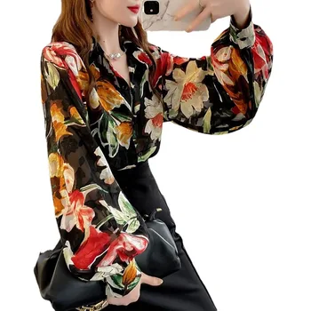 Шифоновая риза с дълъг ръкав-фенерче с винтажным принтом, Елегантни блузи, дамски универсална ежедневна блуза, модни дамски дрехи Пролет-лято Изображение 2