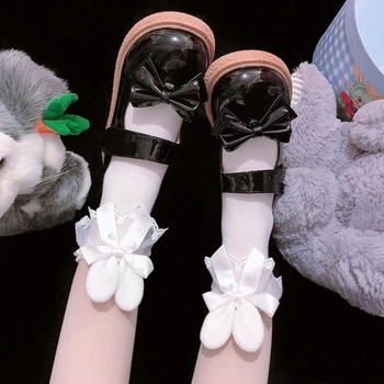Японски сладки чорапи с плюшени заячьими уши, дантелени чорапи носочные изделия с лък 37JB