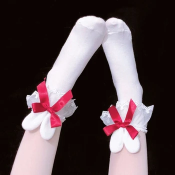 Японски сладки чорапи с плюшени заячьими уши, дантелени чорапи носочные изделия с лък 37JB Изображение 2