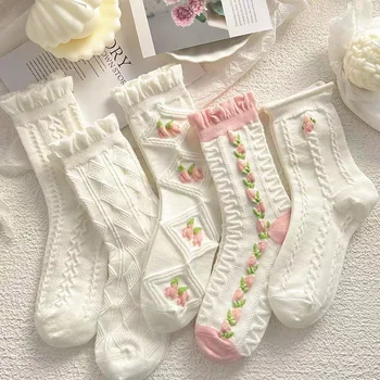 Японски чорапи Kawaii Harajuku, женски бели чорапи за момичета, дантелени сладки бели чорапи за студенти