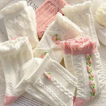Японски чорапи Kawaii Harajuku, женски бели чорапи за момичета, дантелени сладки бели чорапи за студенти Изображение 2