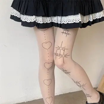Японски чорапогащник Kawaii Lolita, татуировка с принтом Звезди, сърца и пеперуди, Чорапи до бедрото, Чорапогащник за жените, бели чорапи за прекрасни момичета
