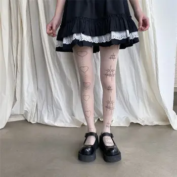 Японски чорапогащник Kawaii Lolita, татуировка с принтом Звезди, сърца и пеперуди, Чорапи до бедрото, Чорапогащник за жените, бели чорапи за прекрасни момичета Изображение 2