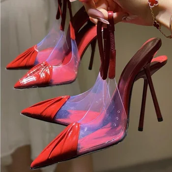 Ясно PVC дребни остър нос лоскутные обувки на висок ток, Обувки с червени кожени тънки токчета каишка на петата клуб парти рокля обувки